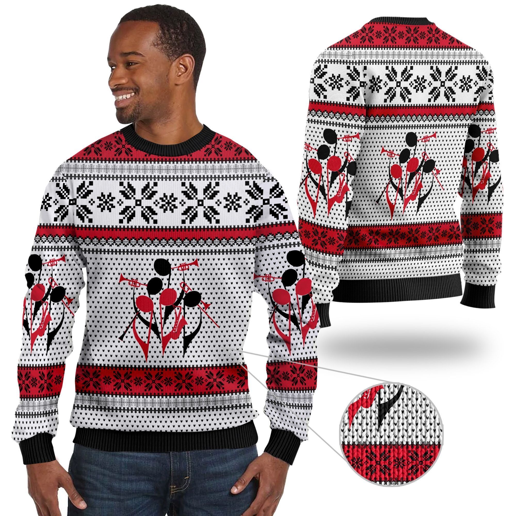Trumpet With Music Notes Ugly Christmas Sweater For Trumpeters And Instrument Lovers On Christmas Days