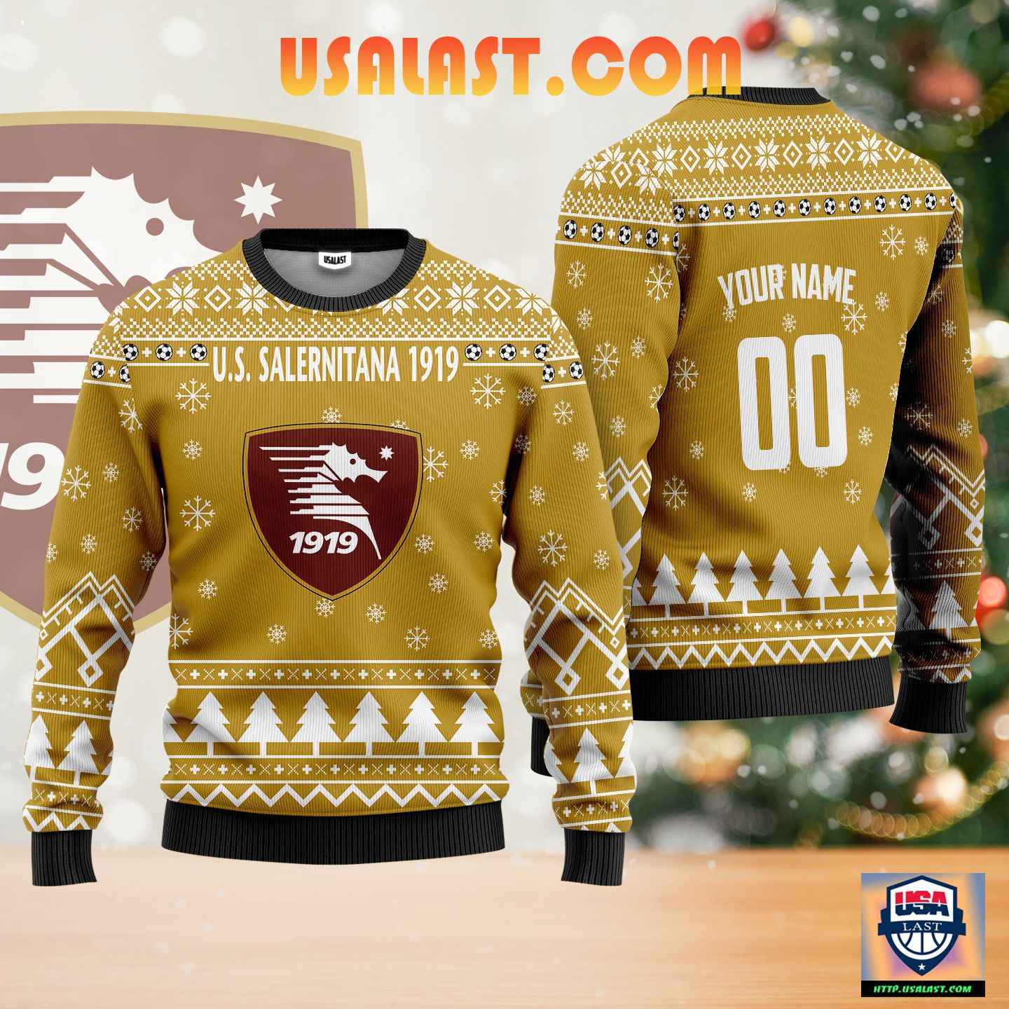 U.S. Salernitana 1919 Personalized Ugly Christmas Sweater Gold Version