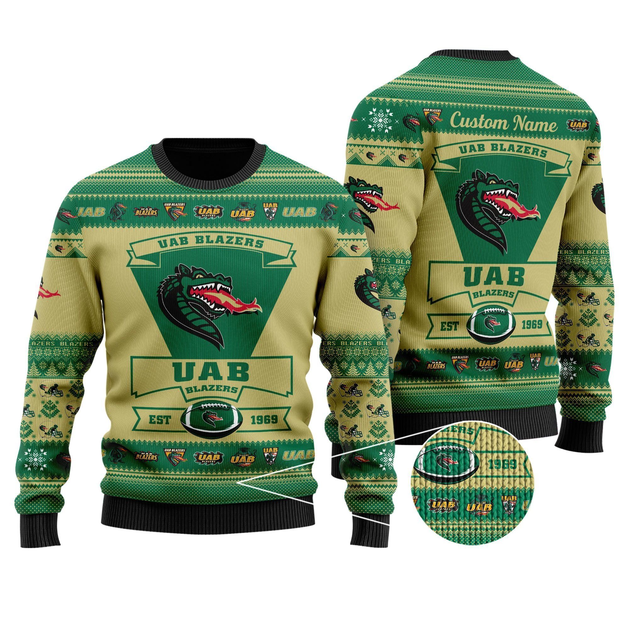UAB Blazers Football Team Logo Custom Name Personalized Ugly Christmas Sweater Holiday Party Men Women Plus Size