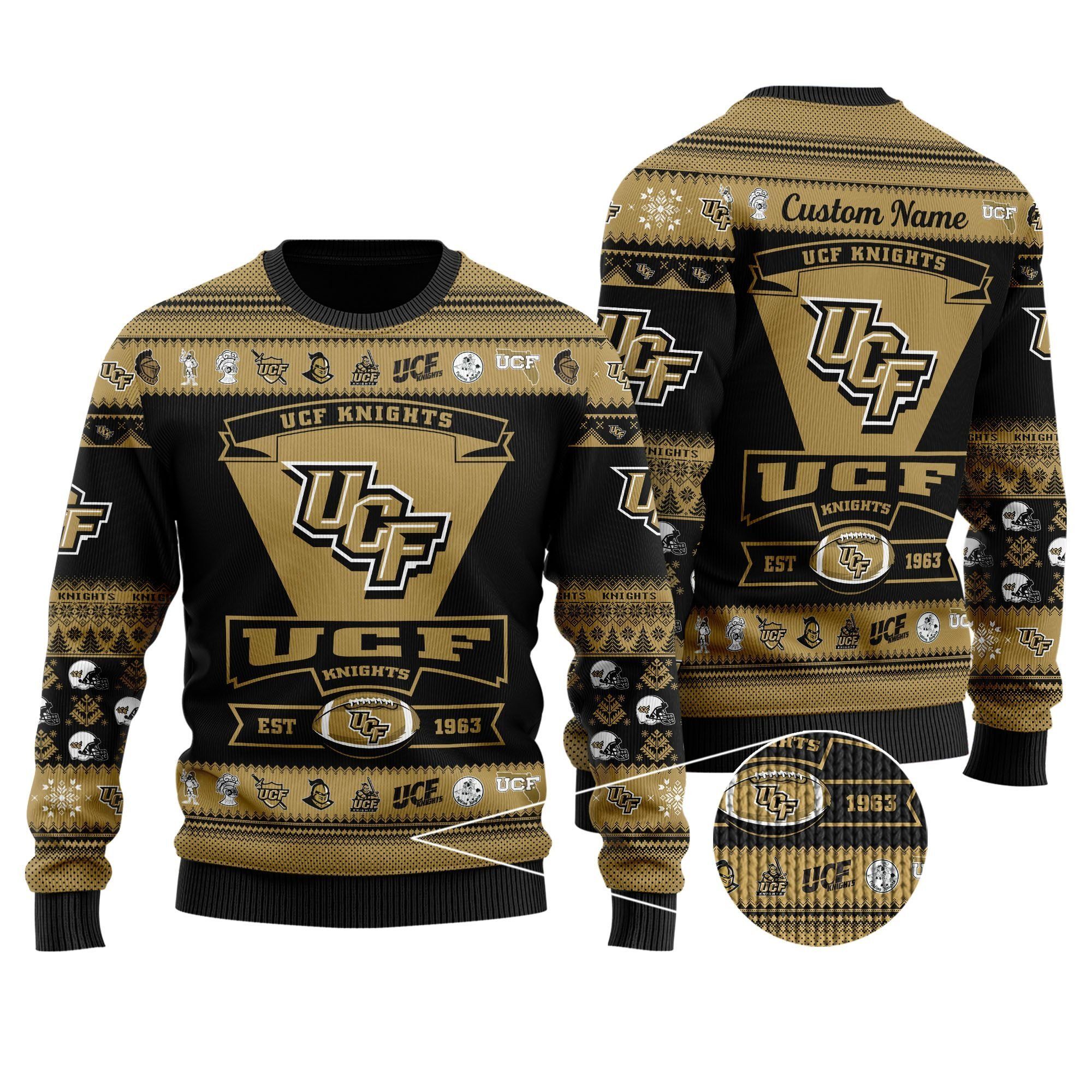 UCF Knights Football Team Logo Custom Name Personalized Ugly Christmas Sweater Holiday Party Men Women Plus Size