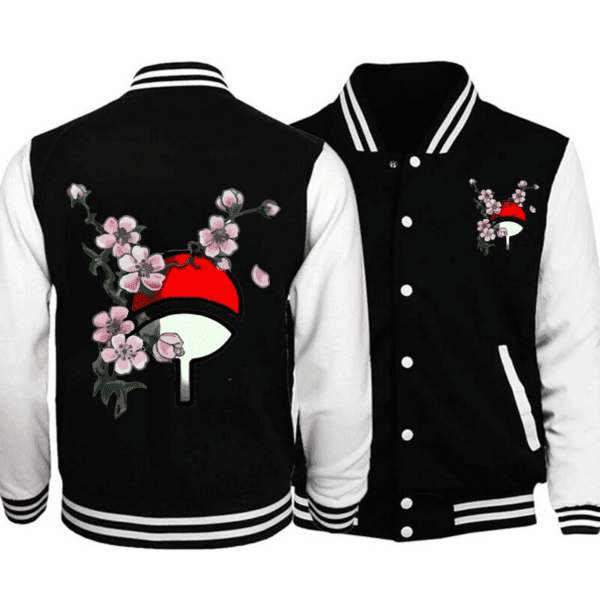Uchiha Clan Symbol and Sakura Flowers Naruto Anime Baseball Jacket for Men & Women | Anime Fan Gift