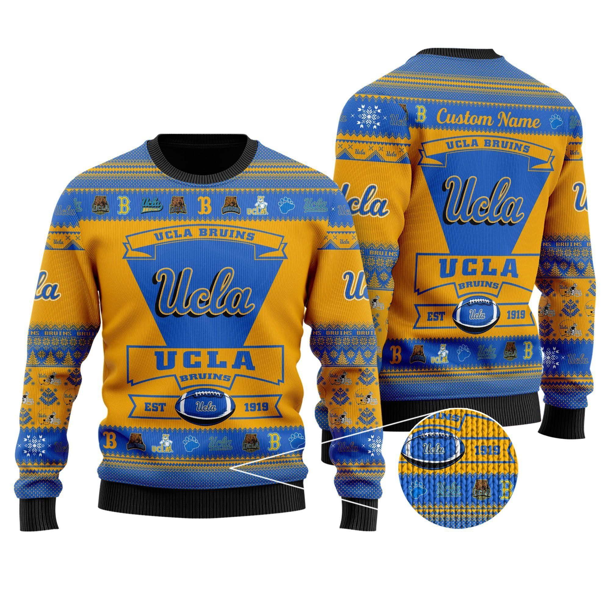 UCLA Bruins Football Team Logo Custom Name Personalized Ugly Christmas Sweater Holiday Party Men Women Plus Size