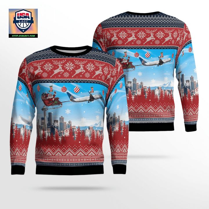 United Airlines Boeing 737-824 With Santa Over Seattle Christmas AOP Sweater