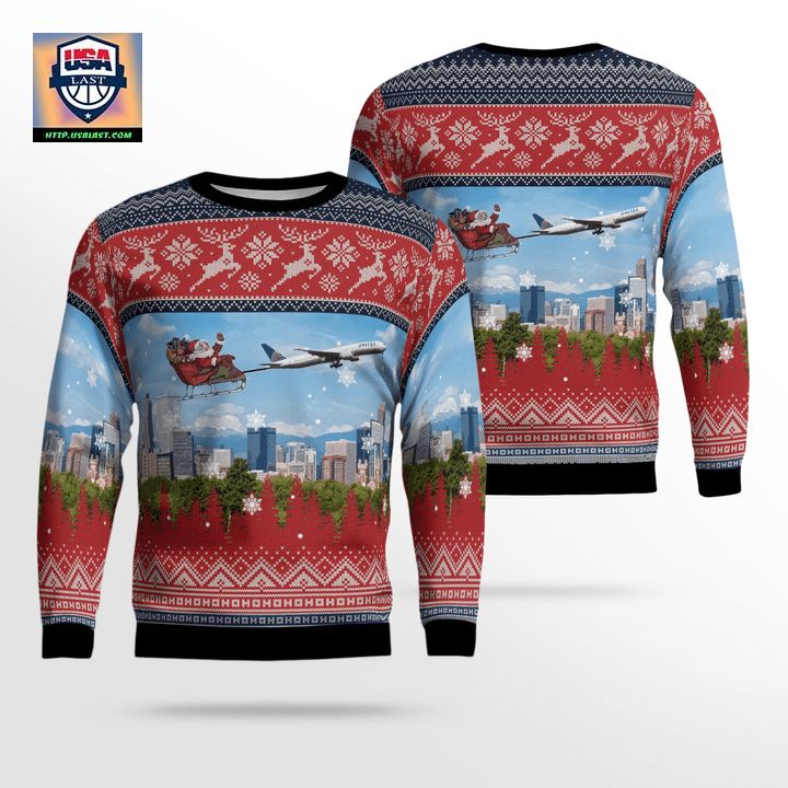 United Airlines Boeing 777-322ER With Santa over Denver Christmas AOP Sweater