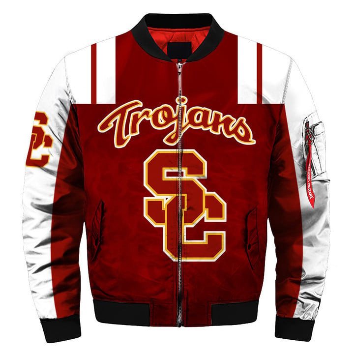 USC Trojans Cardinal White Bomber Jacket | NCAA College Team Jacket for Men & Women | Sports Fan Gift