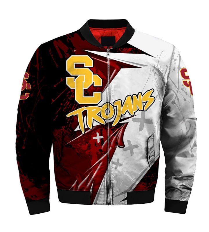 USC Trojans Cardinal White Bomber Jacket | NCAA College Team Jacket for Men & Women | Sports Fan Gift