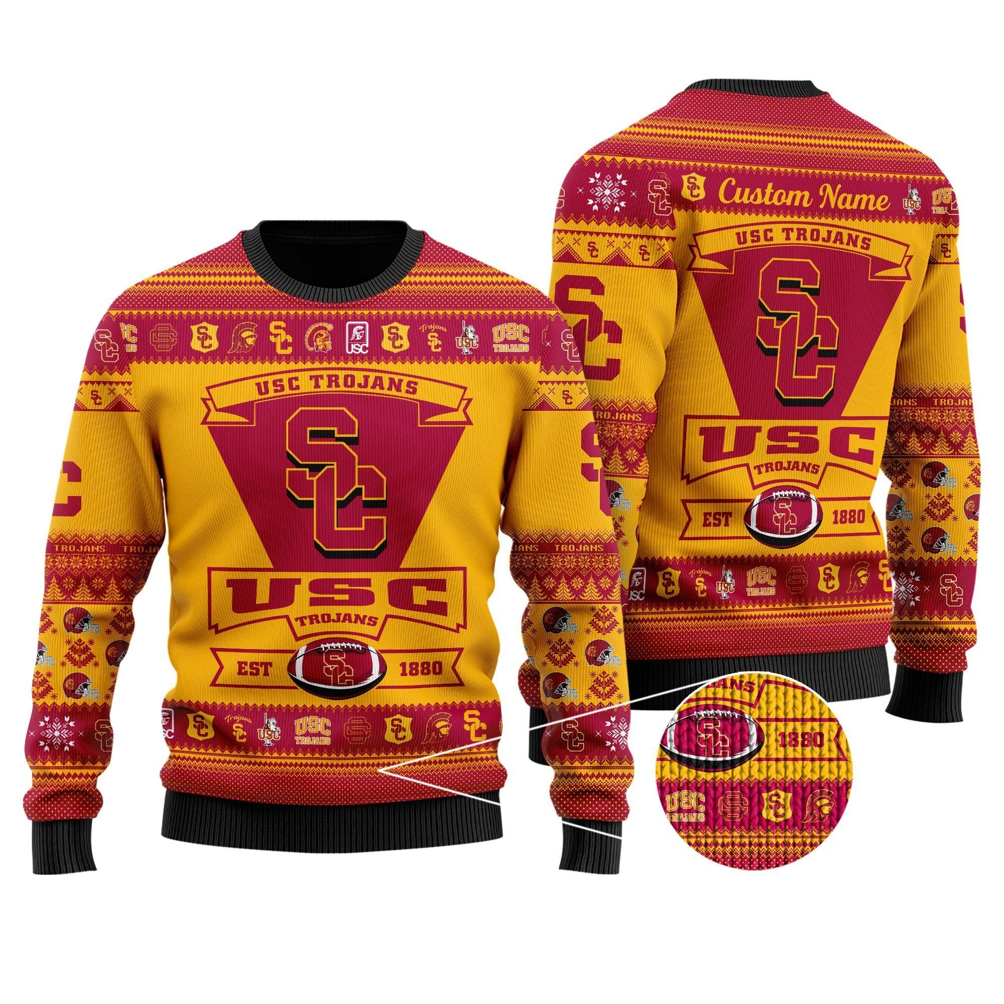 USC Trojans Football Team Logo Custom Name Personalized Ugly Christmas Sweater Holiday Party Men Women Plus Size