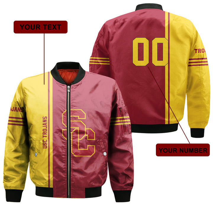 USC Trojans Personalized Name Number Cardinal Gold Bomber Jacket | NCAA College Team Jacket for Men & Women | Sports Fan Gift