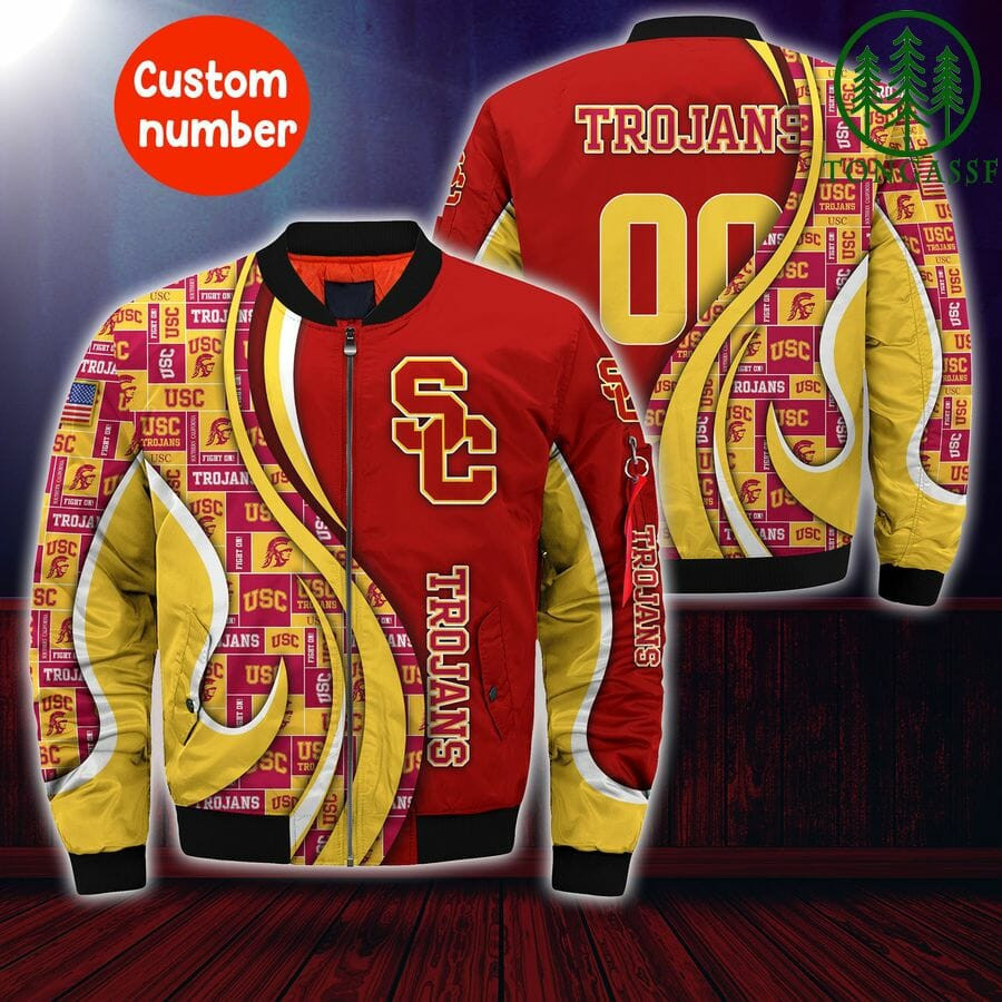 USC Trojans Personalized Name Number Cardinal Gold Bomber Jacket | NCAA College Team Jacket for Men & Women | Sports Fan Gift