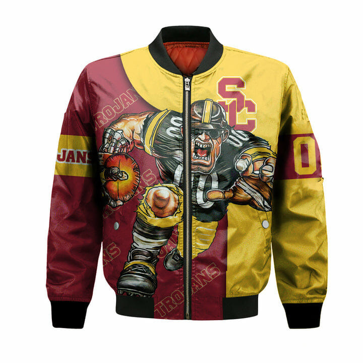 USC Trojans Personalized Name Number Cardinal Gold Mascot Bomber Jacket | NCAA College Team Jacket for Men & Women | Sports Fan Gift
