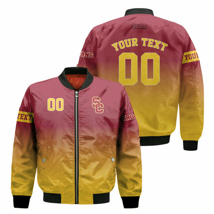 USC Trojans Personalized Text Number Bomber Jacket | NCAA College Team Jacket for Men & Women | Sports Fan Gift