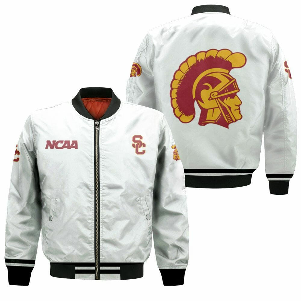 USC Trojans White Bomber Jacket | NCAA College Team Jacket for Men & Women | Sports Fan Gift