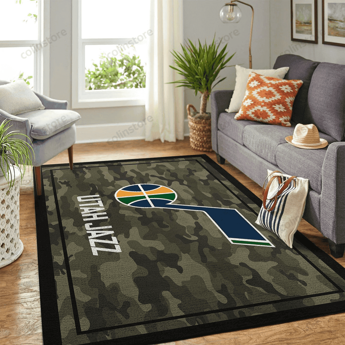 Utah Jazz Team Logo Camo Rectangle Area Rug – Full Print Carpet For Living Room & Bedroom Home Decor