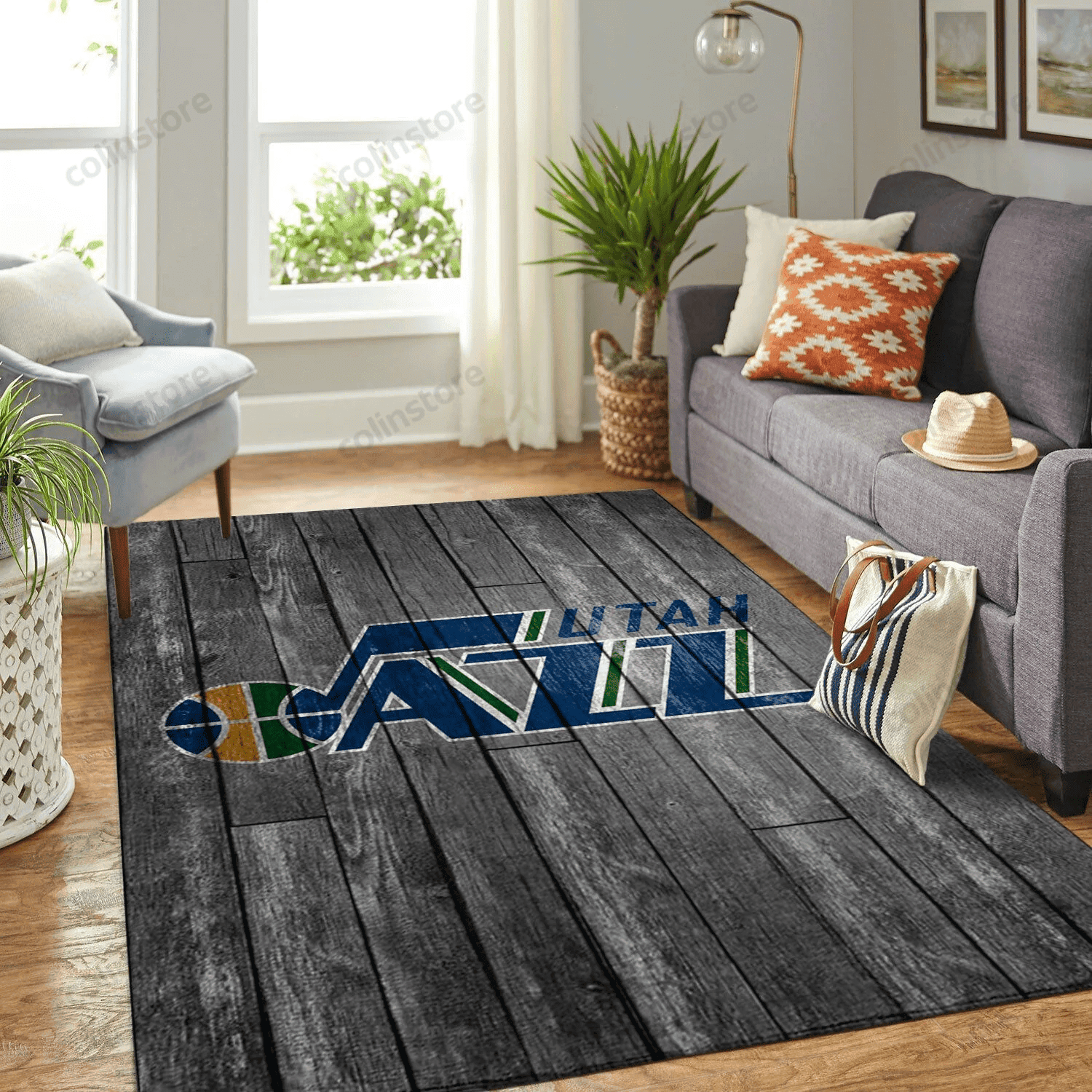 Utah Jazz Team Logo Grey Wooden 3D Rectangle Area Rug – Full Print Carpet For Living Room & Bedroom Home Decor