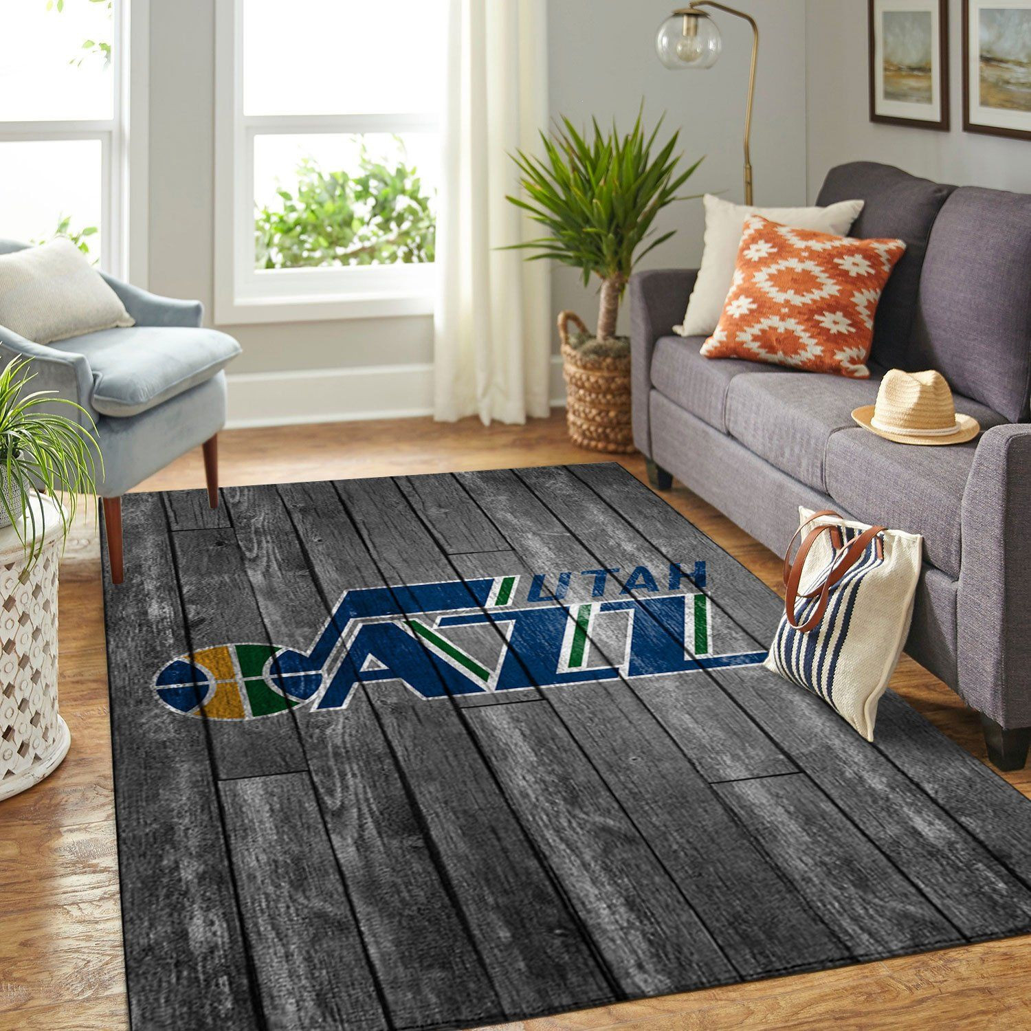 Utah Jazz Team Logo Grey Wooden Rectangle Area Rug – Full Print Carpet For Living Room & Bedroom Home Decor