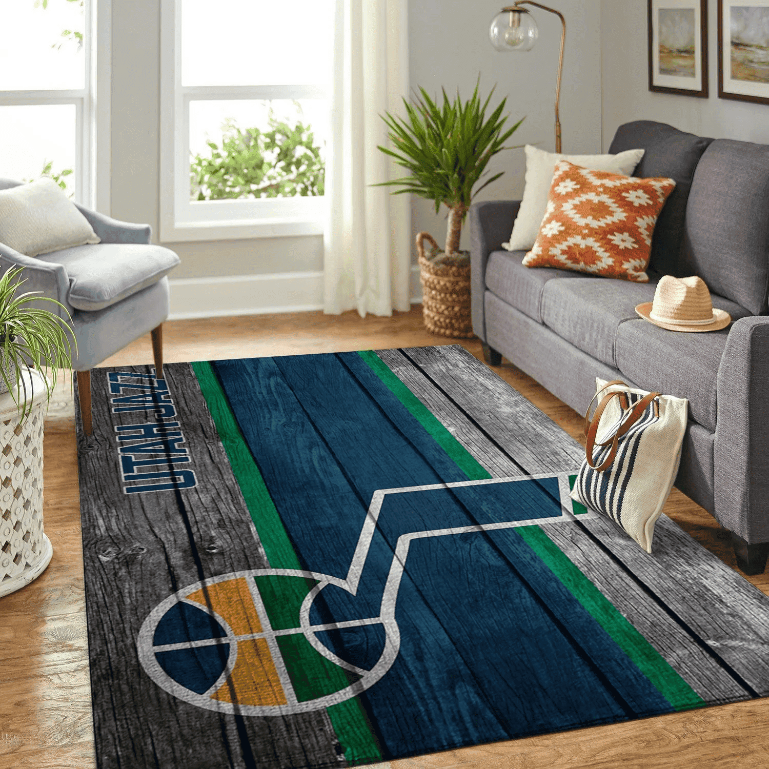 Utah Jazz Team Logo Wooden Rectangle Area Rug – Full Print Carpet For Living Room & Bedroom Home Decor