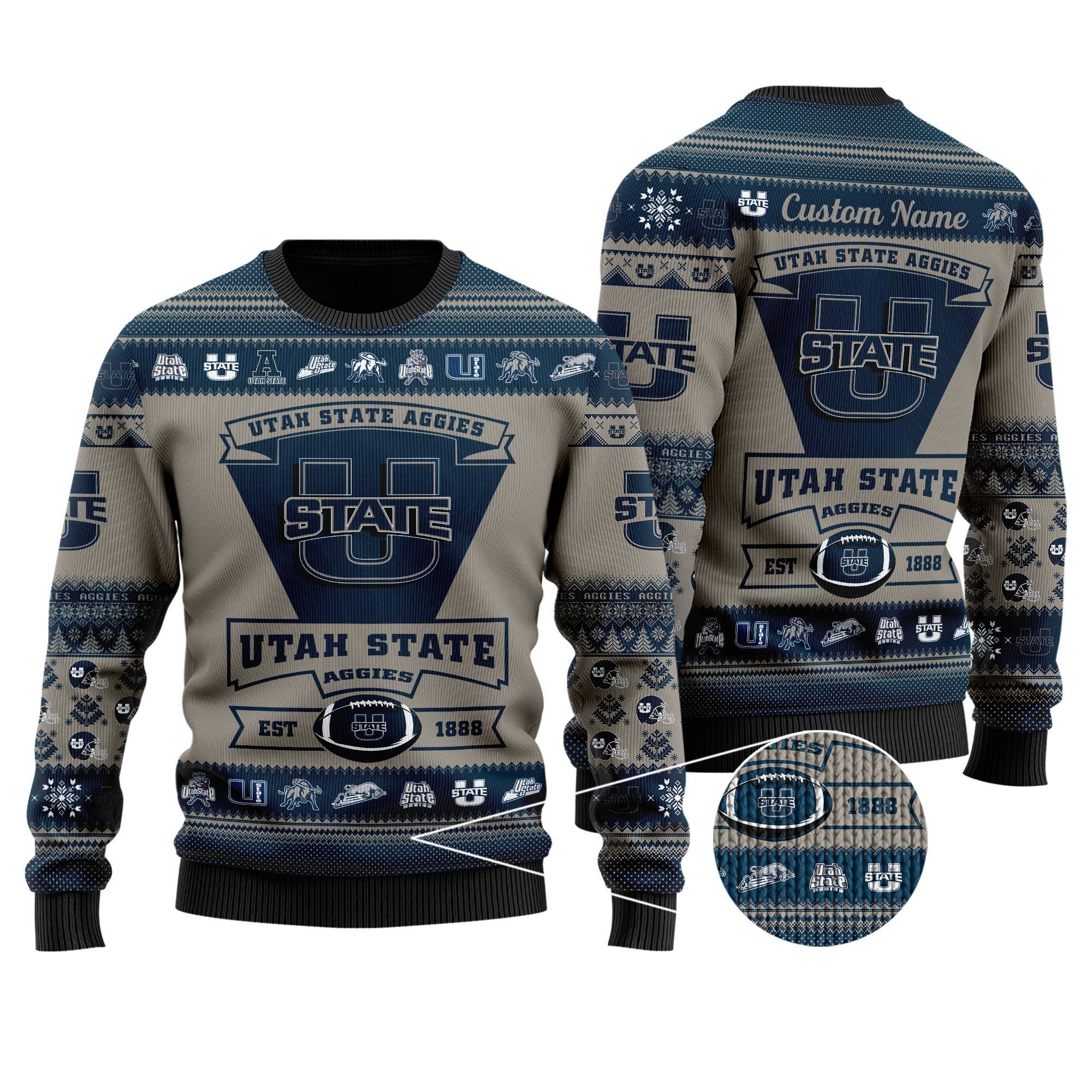 Utah State Aggies Football Team Logo Custom Name Personalized Ugly Christmas Sweater Holiday Party Men Women Plus Size