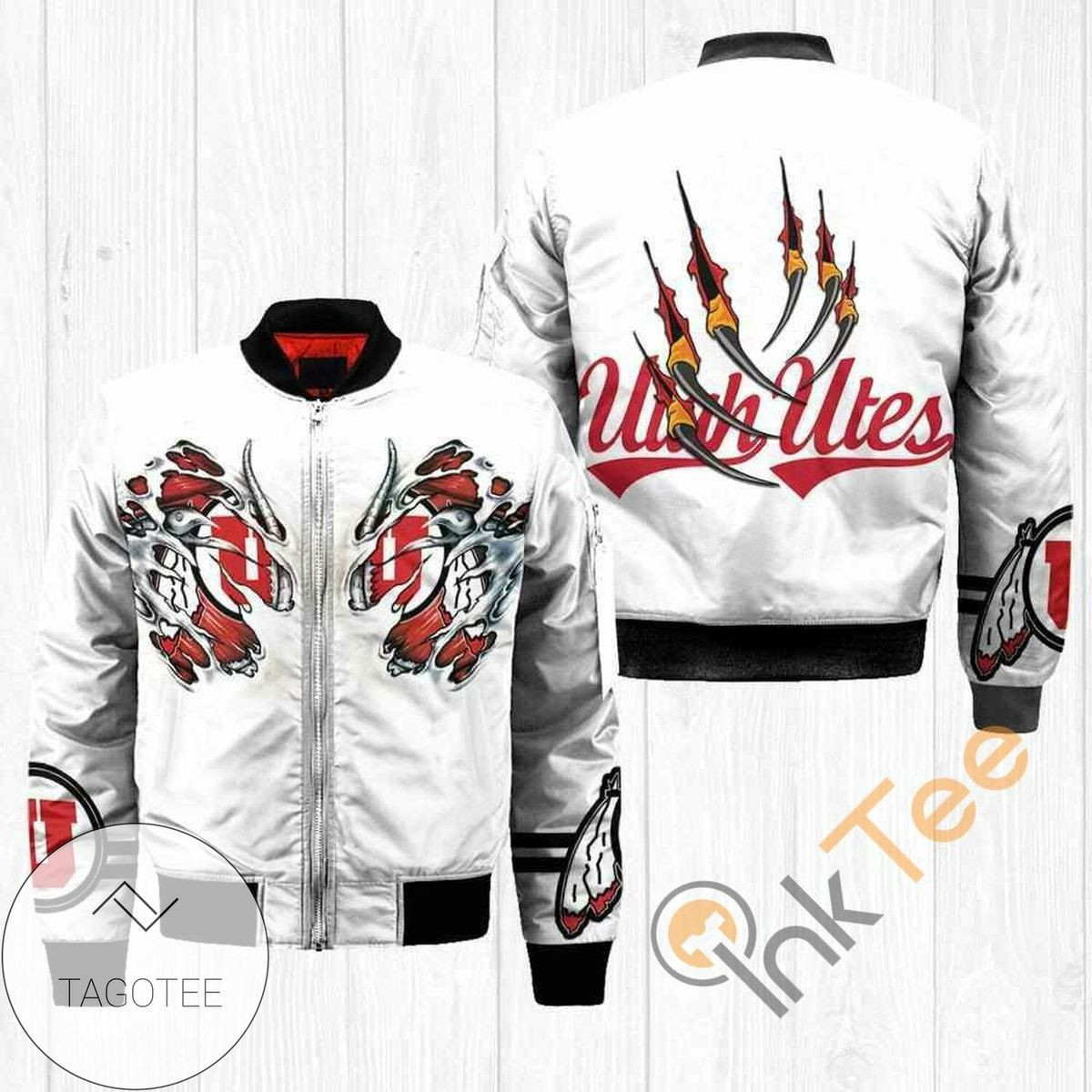 Utah Utes Claws White Red Bomber Jacket | NCAA College Team Jacket for Men & Women | Sports Fan Gift