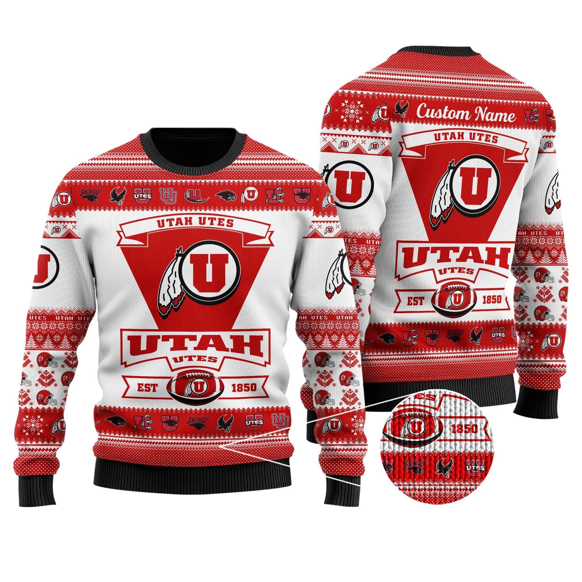 Utah Utes Football Team Logo Custom Name Personalized Ugly Christmas Sweater Holiday Party Men Women Plus Size