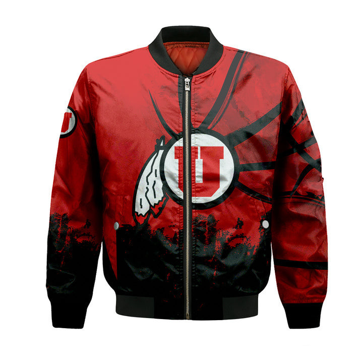Utah Utes Personalized Text Number Red Black Grunge Bomber Jacket | NCAA College Team Jacket for Men & Women | Sports Fan Gift