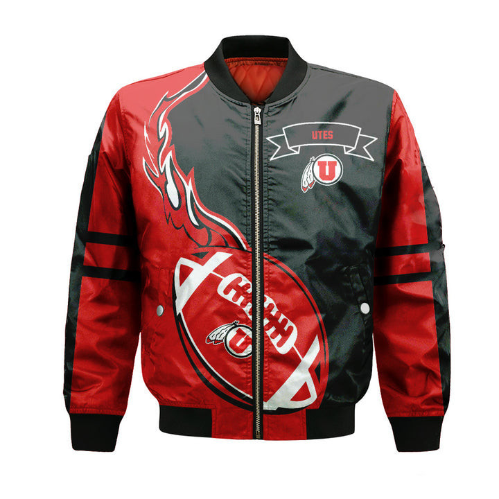 Utah Utes Red Flame Ball Black Bomber Jacket | NCAA College Team Jacket for Men & Women | Sports Fan Gift