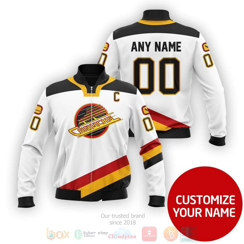 Vancouver Canucks Personalized Name Number White Bomber Jacket | NHL Team Jacket for Men & Women | Hockey Fan Gift