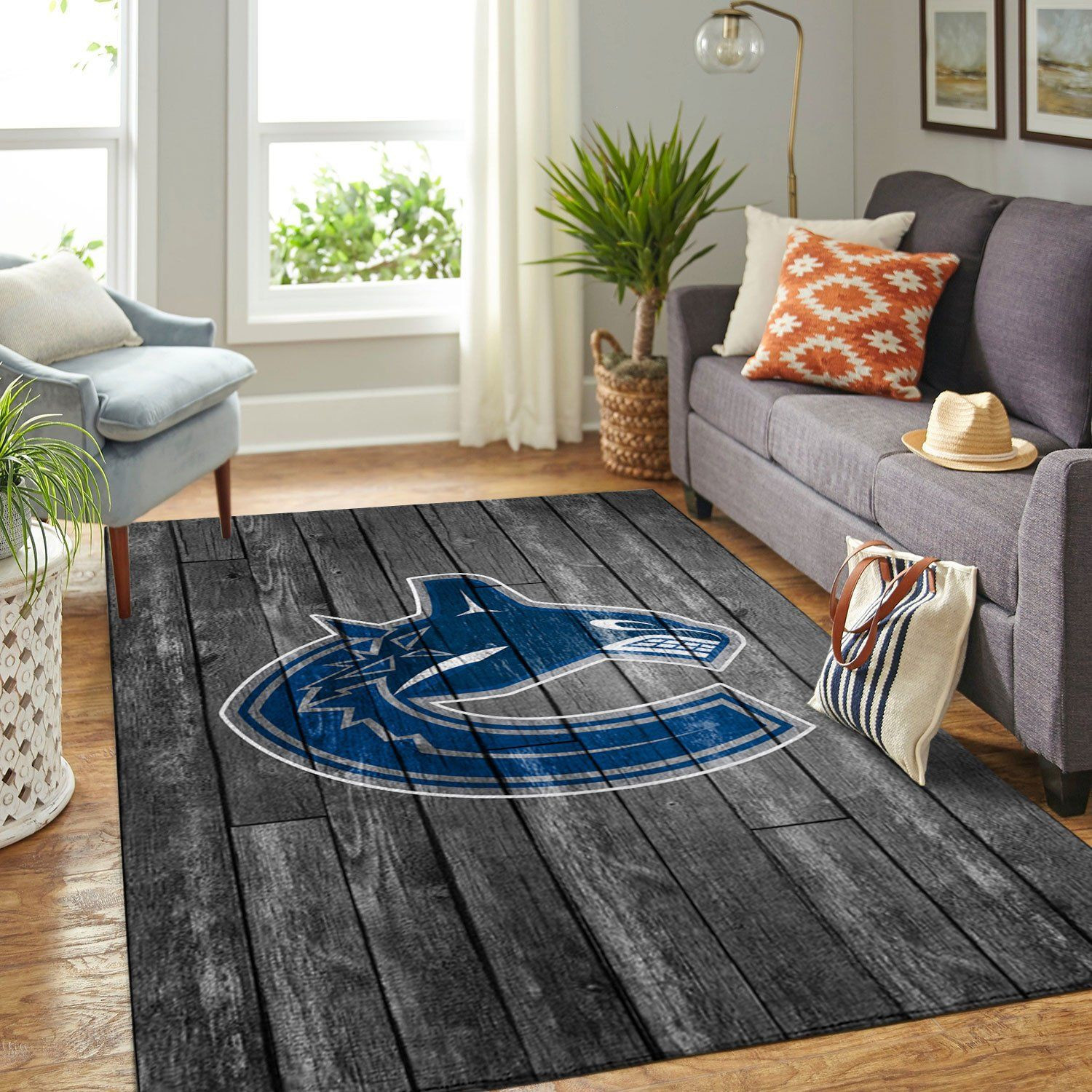 Vancouver Canucks Team Logo Grey Wooden Rectangle Area Rug – Full Print Carpet For Living Room & Bedroom Home Decor