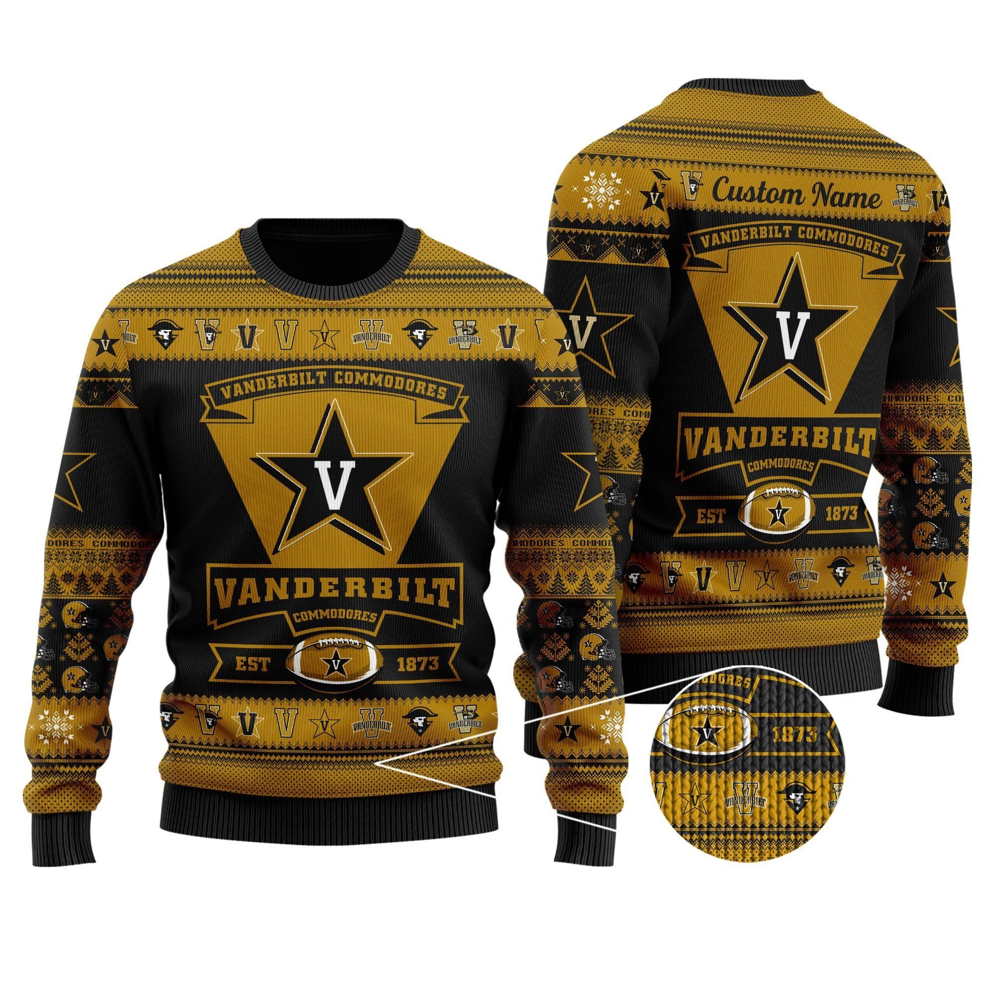 Vanderbilt Commodores Football Team Logo Custom Name Personalized Ugly Christmas Sweater Holiday Party Men Women Plus Size