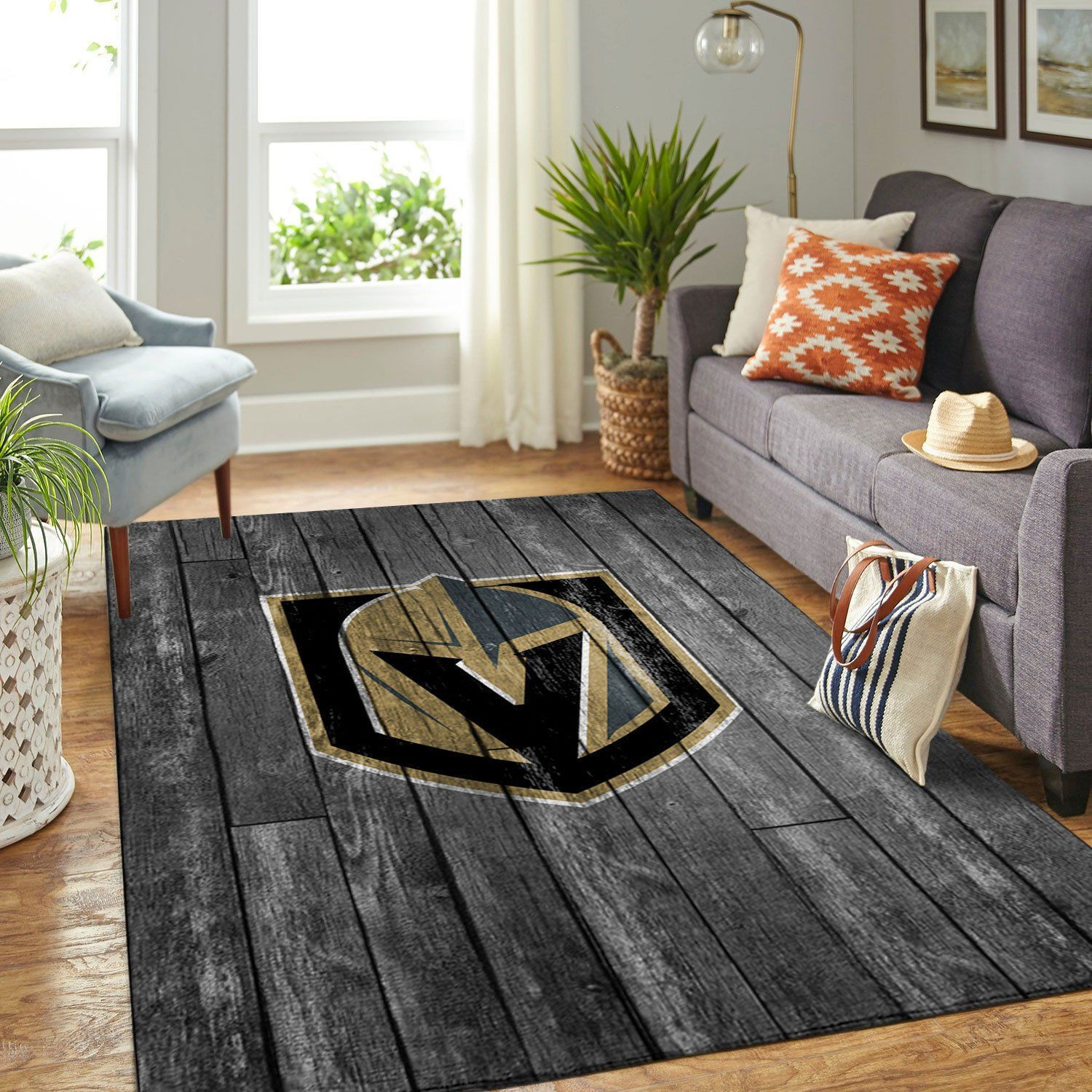 Vegas Golden Knights Team Logo Grey Wooden Rectangle Area Rug – Full Print Carpet For Living Room & Bedroom Home Decor