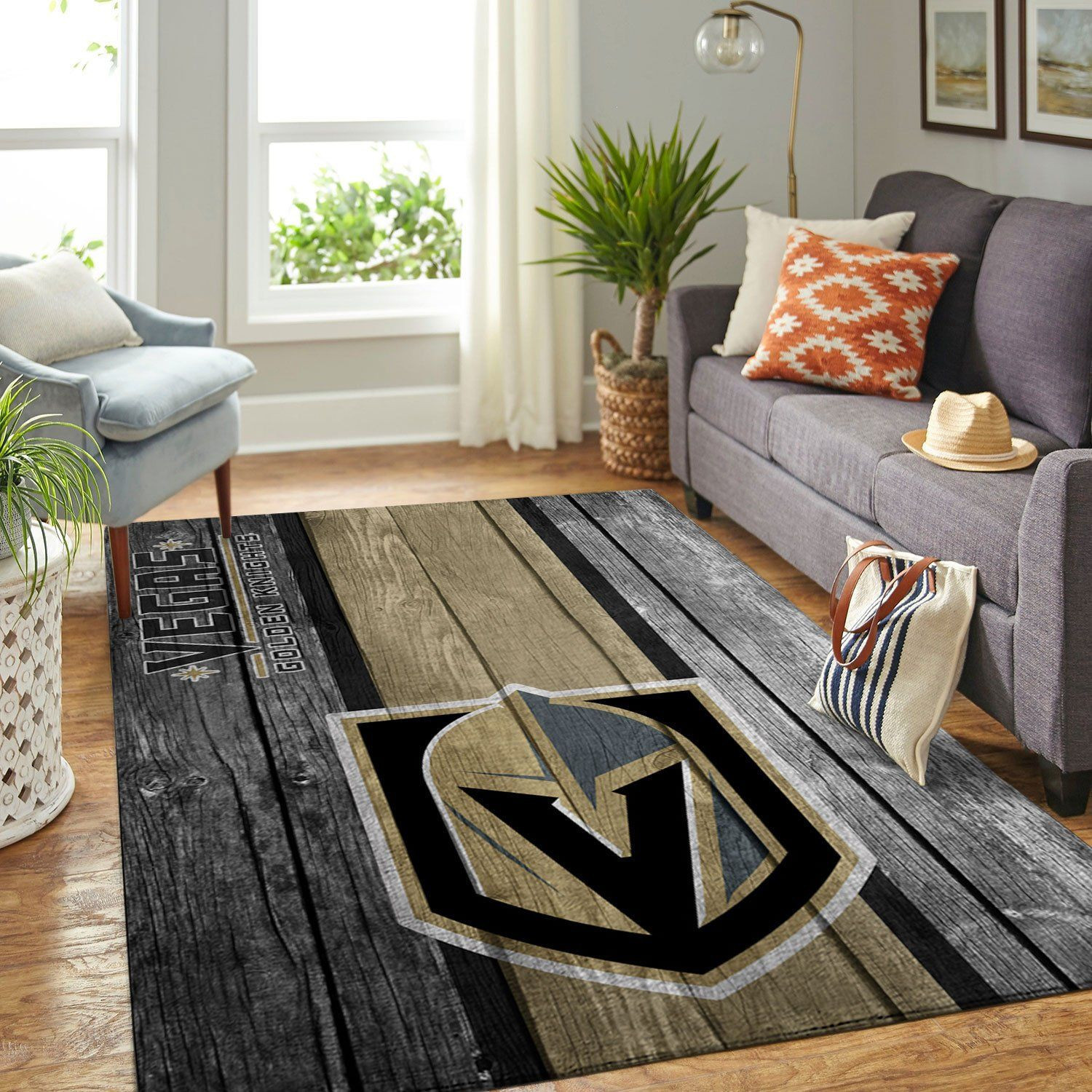 Vegas Golden Knights Team Logo Wooden Rectangle Area Rug – Full Print Carpet For Living Room & Bedroom Home Decor