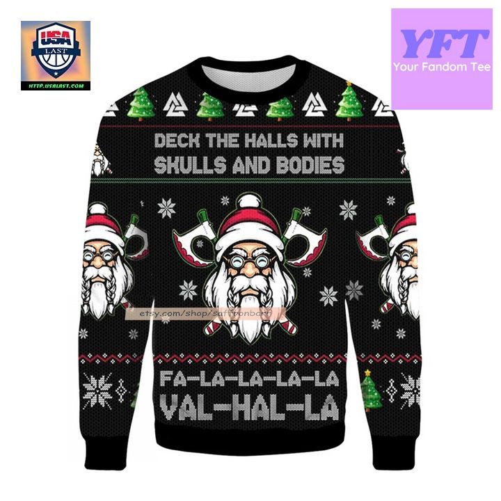 Viking Deck The Halls With Skulls And Bodies Falalala Valhalla 3d Ugly Christmas Sweater