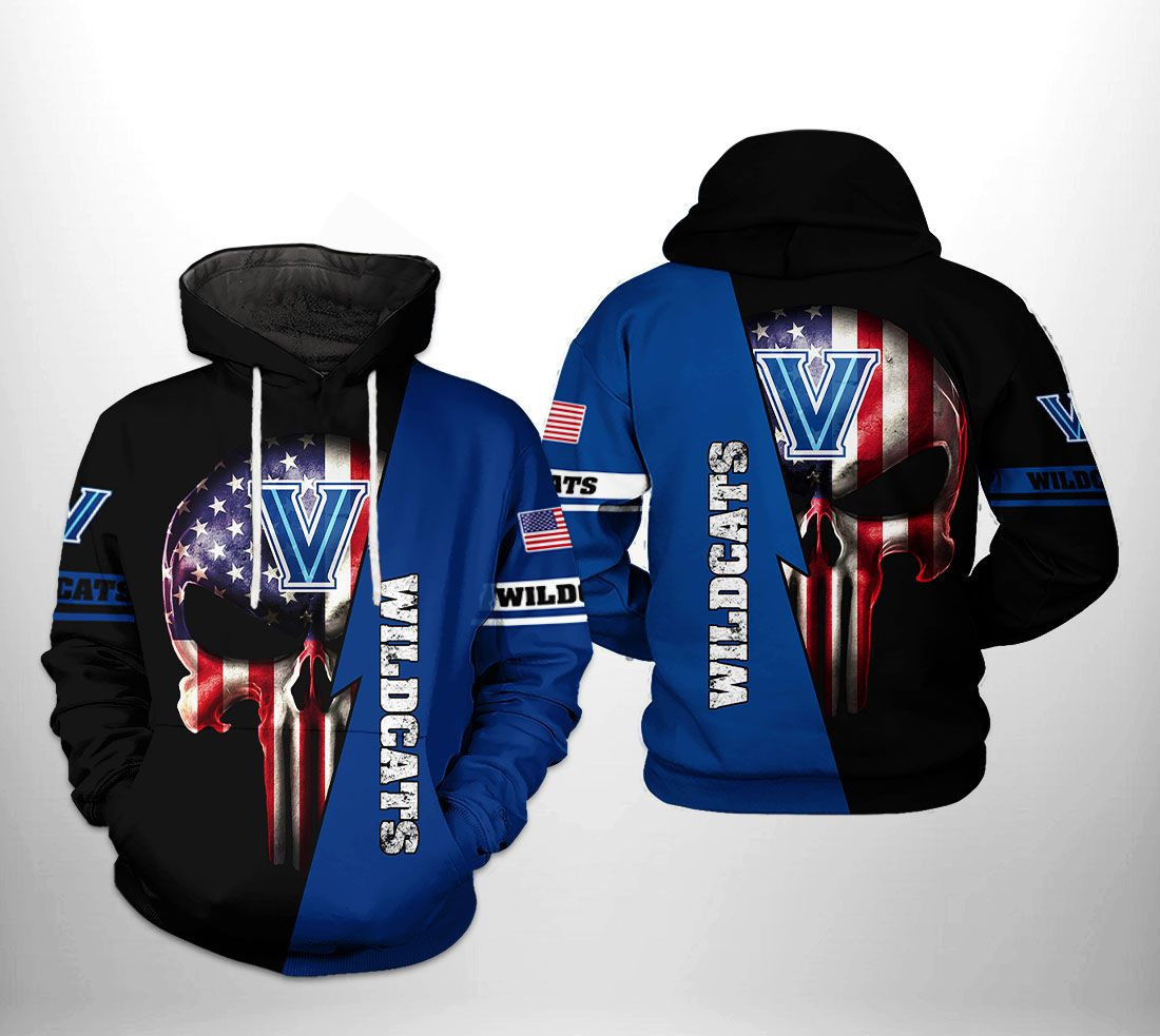 Villanova Wildcats NCAA US Flag Skull 3D All Over Print Hoodie & Zip Hoodie