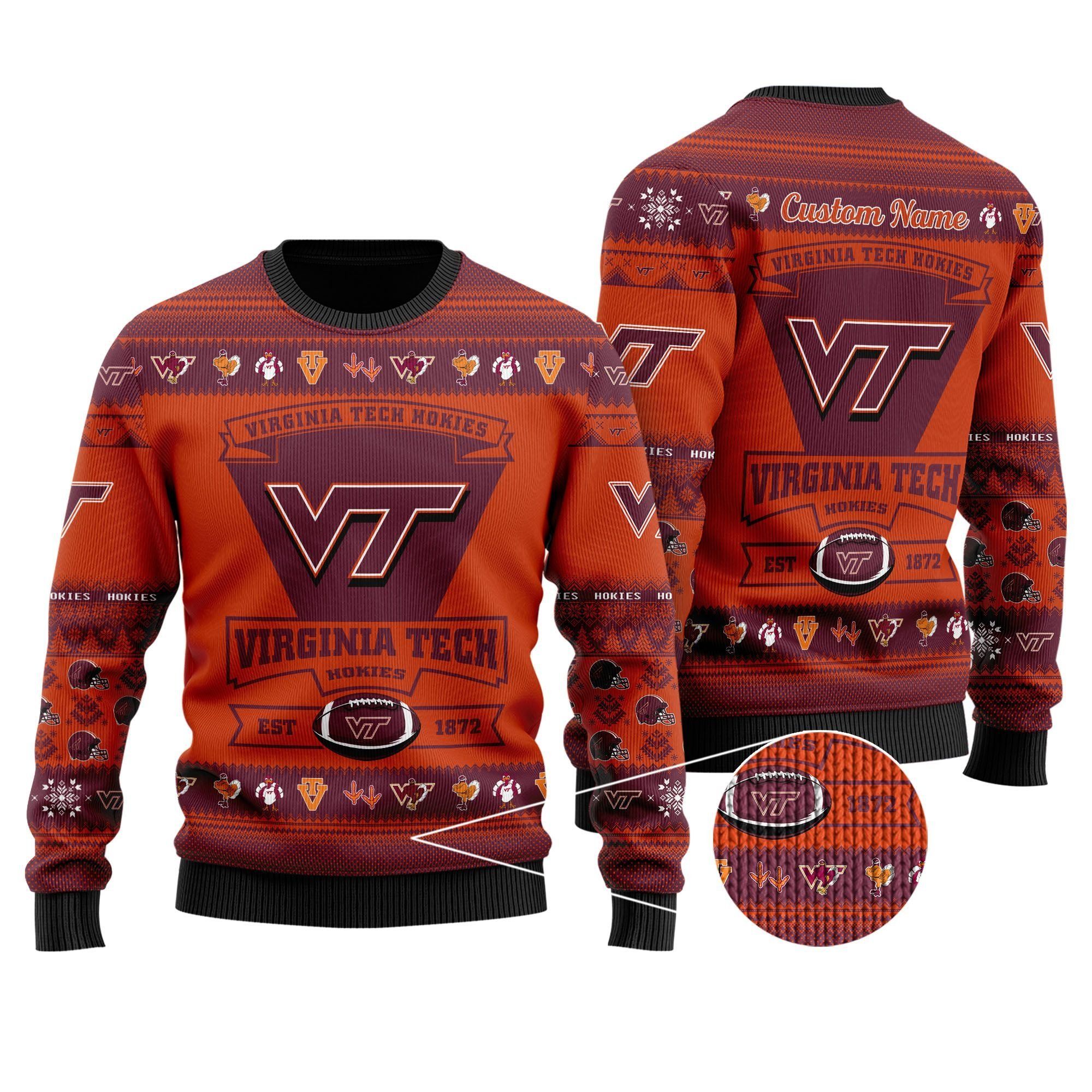 Virginia Tech Hokies Football Team Logo Custom Name Personalized Ugly Christmas Sweater Holiday Party Men Women Plus Size