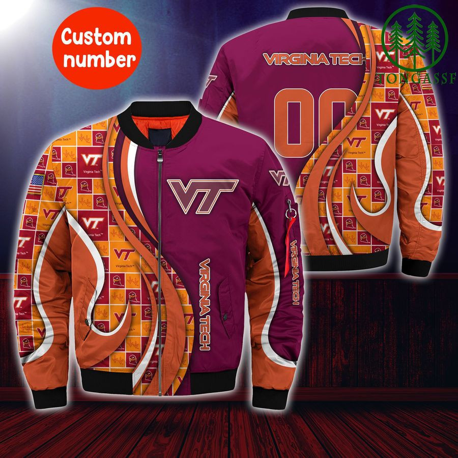 Virginia Tech Hokies Personalized Name Number Maroon Orange Bomber Jacket | NCAA College Team Jacket for Men & Women | Sports Fan Gift