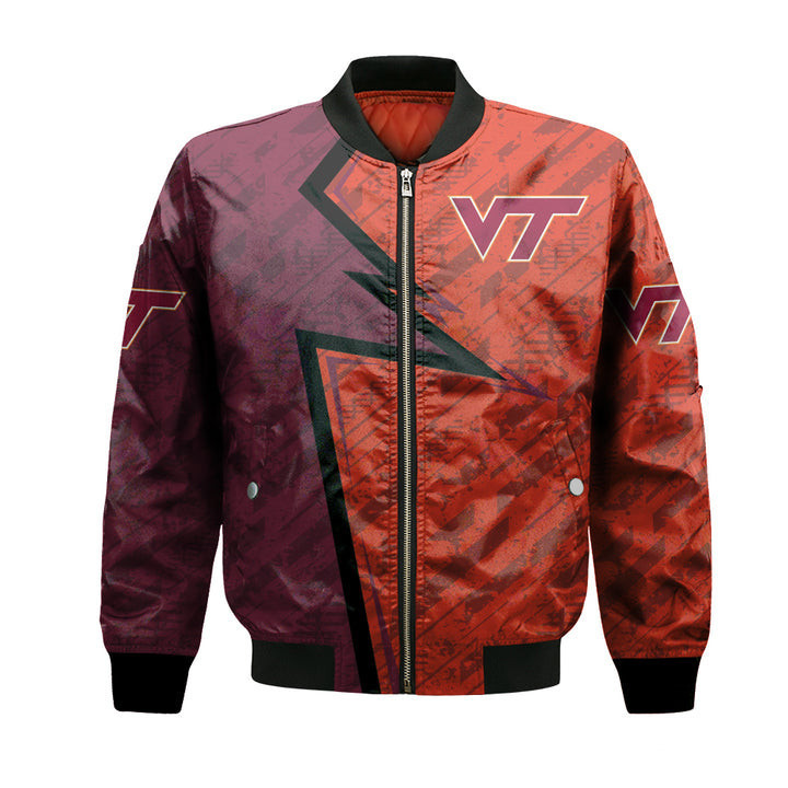 Virginia Tech Hokies Personalized Text Number Maroon Orange Bomber Jacket | NCAA College Team Jacket for Men & Women | Sports Fan Gift
