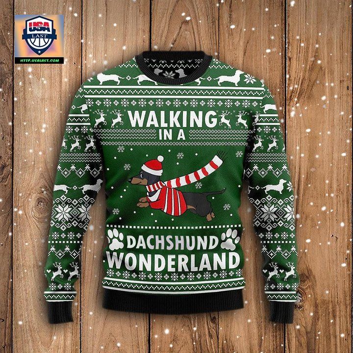 Walking In A Dachshund Wonderland Sweater Green Ugly Christmas Sweater Weiner Dog Gifts