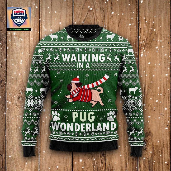 Walking In A Pug Wonderland Graphic Crewneck Sweater Green Ugly Christmas Tee For Men Women
