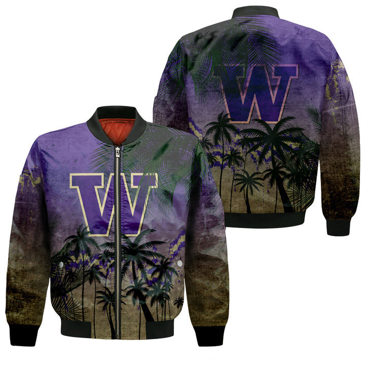 Washington Huskies Coconut Tree Tropical Bomber Jacket | NCAA College Team Jacket for Men & Women | Sports Fan Gift