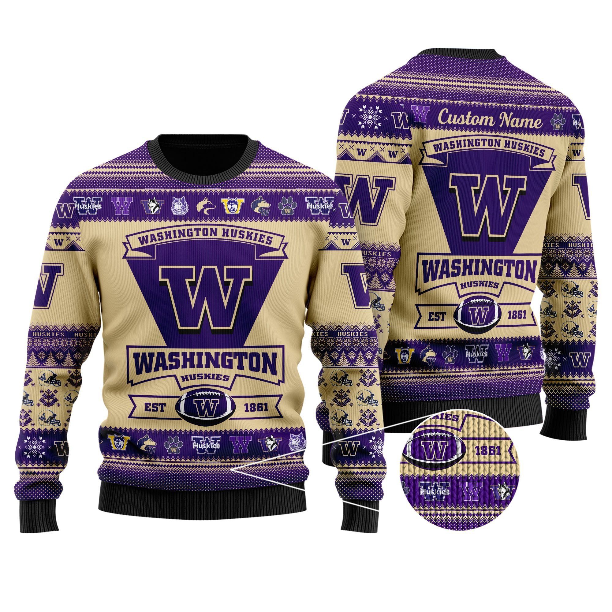 Washington Huskies Football Team Logo Custom Name Personalized Ugly Christmas Sweater Holiday Party Men Women Plus Size