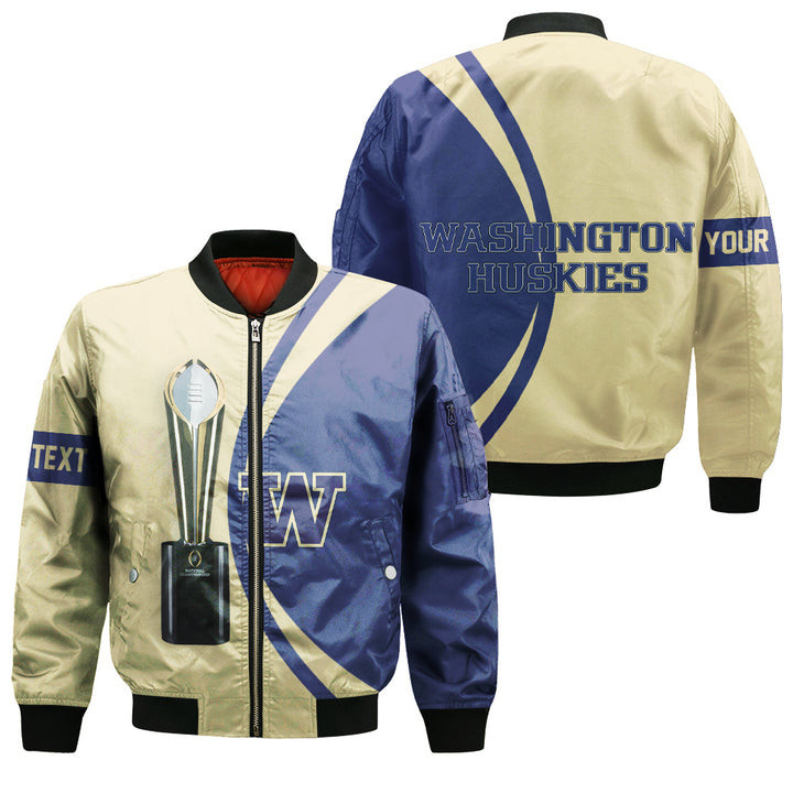 Washington Huskies Personalized Text Champions Bomber Jacket | NCAA College Team Jacket for Men & Women | Sports Fan Gift