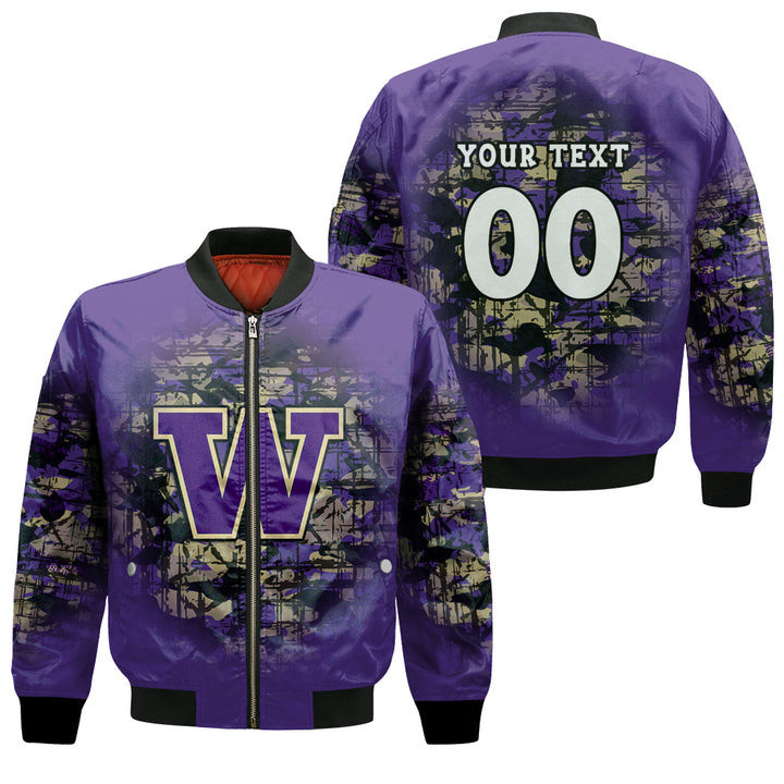 Washington Huskies Personalized Text Number Purple Gold Bomber Jacket | NCAA College Team Jacket for Men & Women | Sports Fan Gift