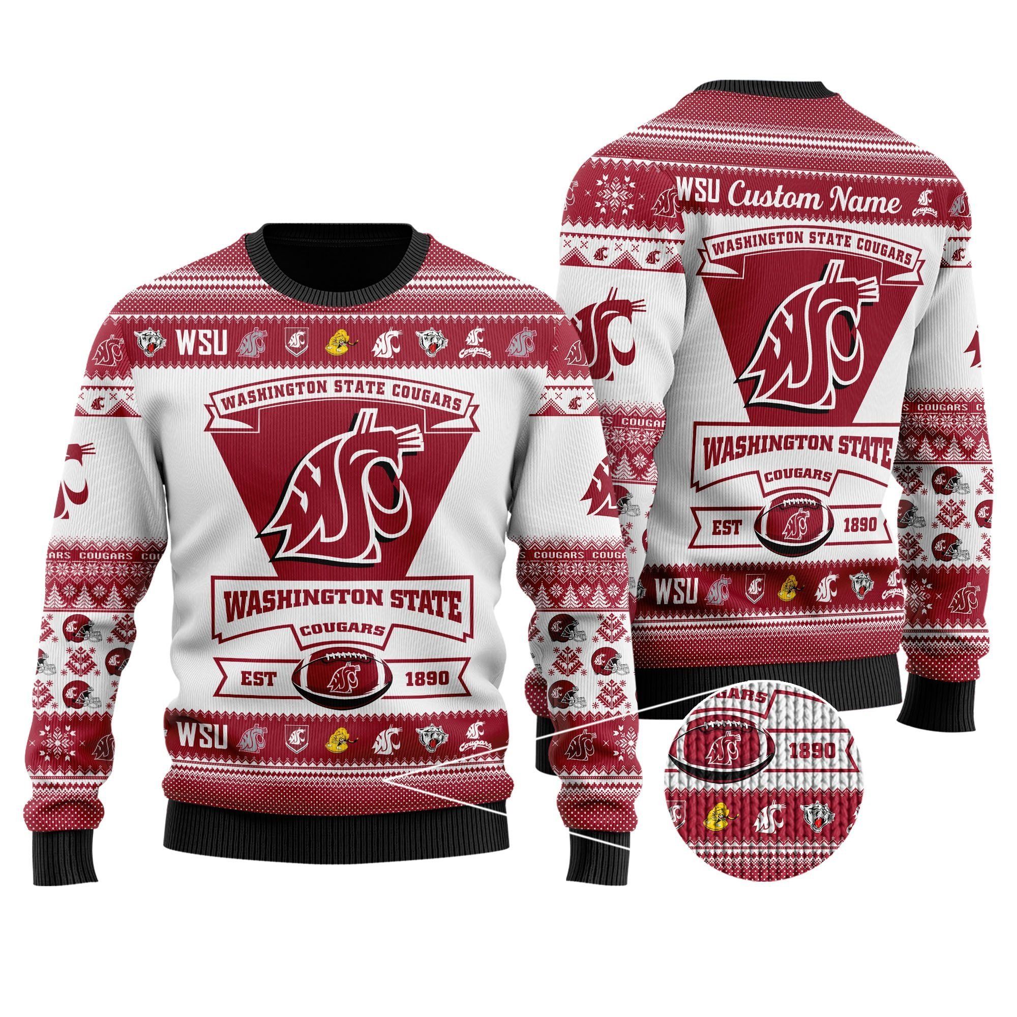 Washington State Cougars Football Team Logo Custom Name Personalized Ugly Christmas Sweater Holiday Party Men Women Plus Size