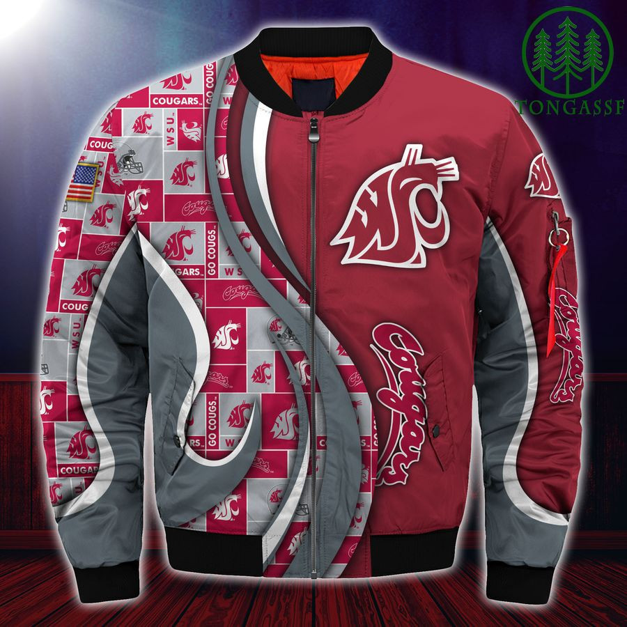 Washington State Cougars Personalized Name Number Red Grey Bomber Jacket | NCAA College Team Jacket for Men & Women | Sports Fan Gift