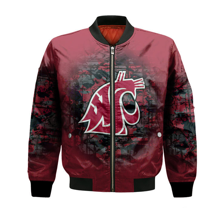 Washington State Cougars Personalized Text Number Red Camo Vintage Bomber Jacket | NCAA College Team Jacket for Men & Women