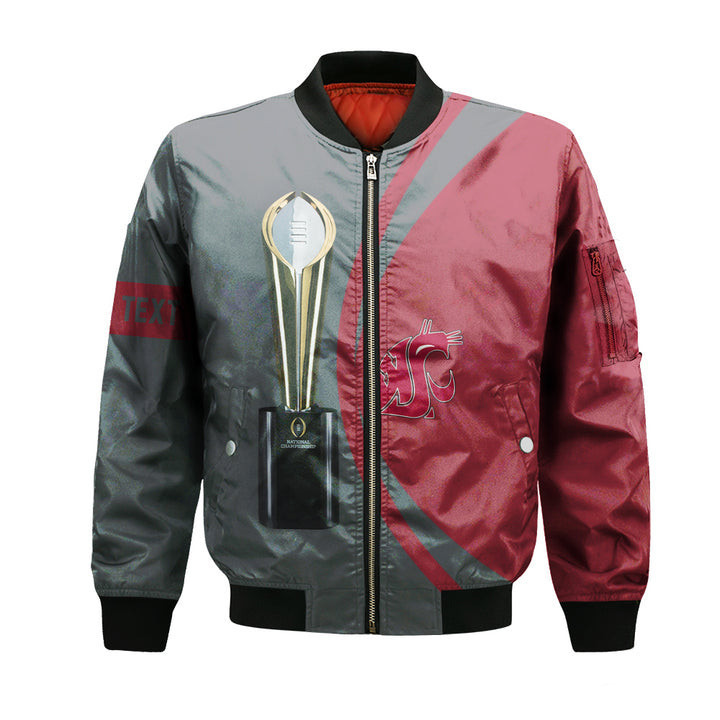 Washington State Cougars Personalized Text Red Grey Champions Bomber Jacket | NCAA College Team Jacket for Men & Women | Sports Fan Gift