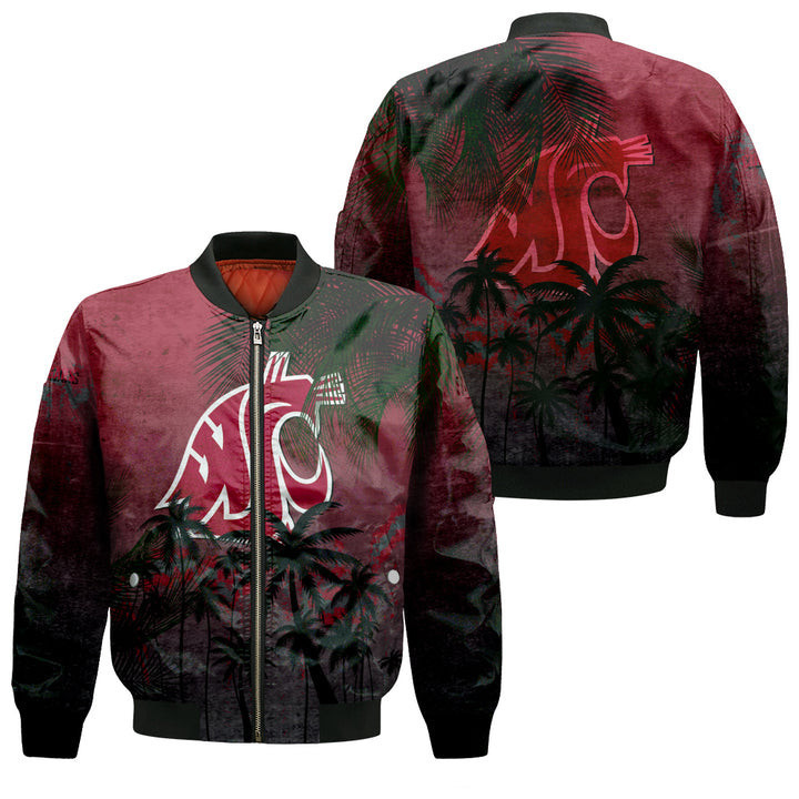 Washington State Cougars Red Coconut Tree Tropical Grunge Bomber Jacket | NCAA College Team Jacket for Men & Women | Sports Fan Gift