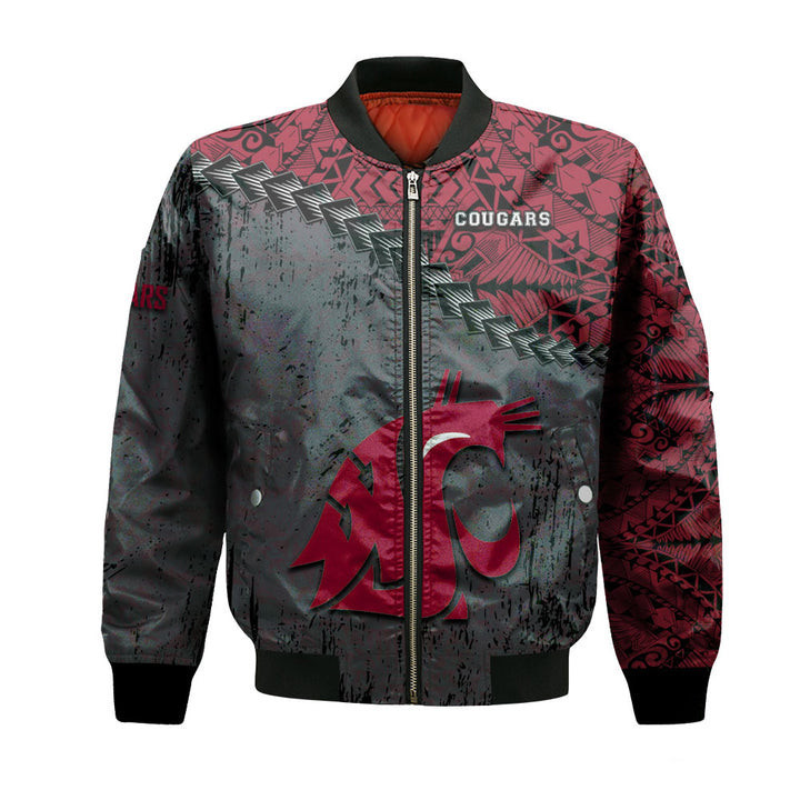 Washington State Cougars Red Grey Grunge Polynesian Tatto Bomber Jacket | NCAA College Team Jacket for Men & Women | Sports Fan Gift