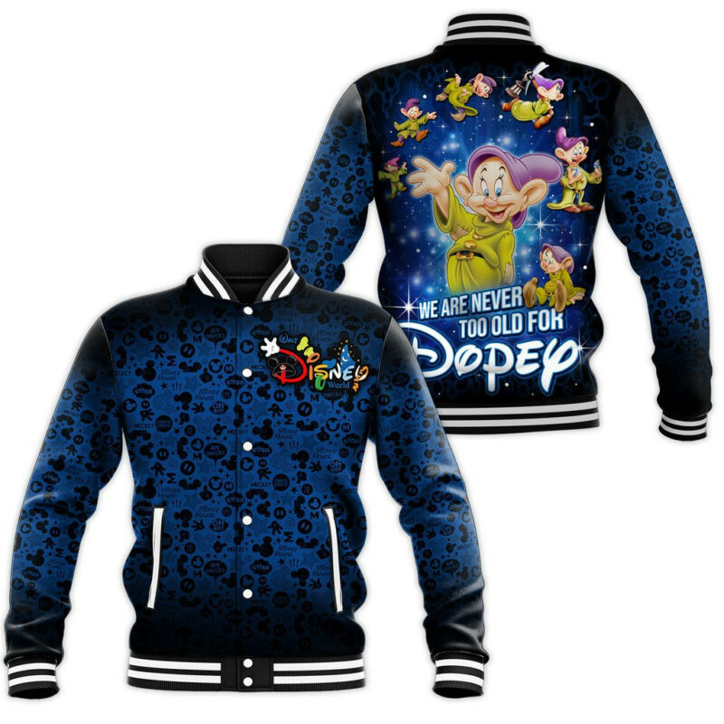 We Are Never Too Old For Dopey Baseball Jacket Fashion Baseball Jacket for Men & Women | Cartoon Fan Gift