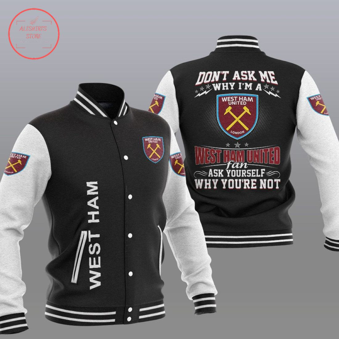 West Ham United Black â€œWhy Notâ€ Varsity Baseball Jacket for Men & Women | Soccer Team Fan Gift