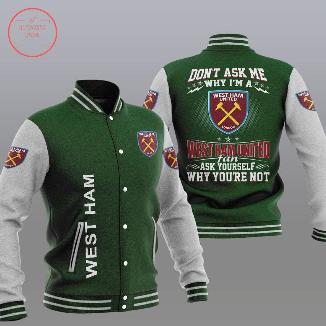 West Ham United FC Green Why Not Baseball Jacket Varsity Baseball Jacket for Men & Women | Soccer Team Fan Gift